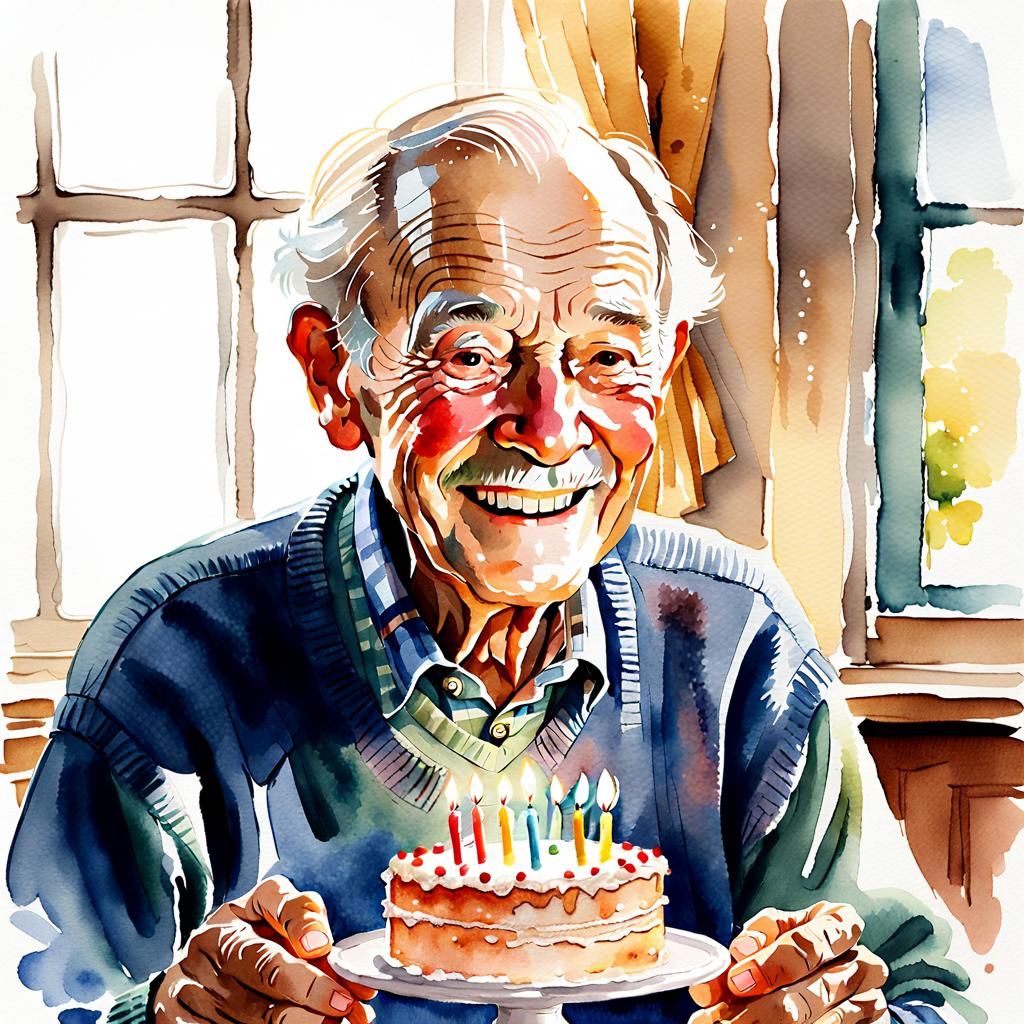 Watercolor Portrait of Smiling 86-Year-Old With Cake
