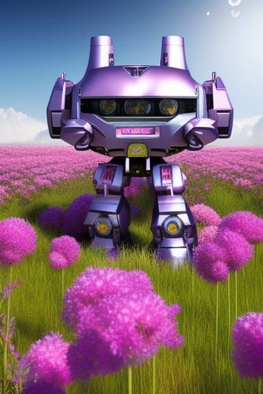 Surreal Kawaii Mecha in Vibrant Floral Fantasy