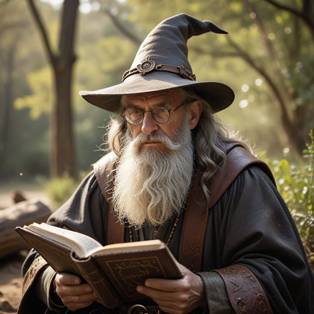 Ancient Wizard in Spellbook Study, Golden Light