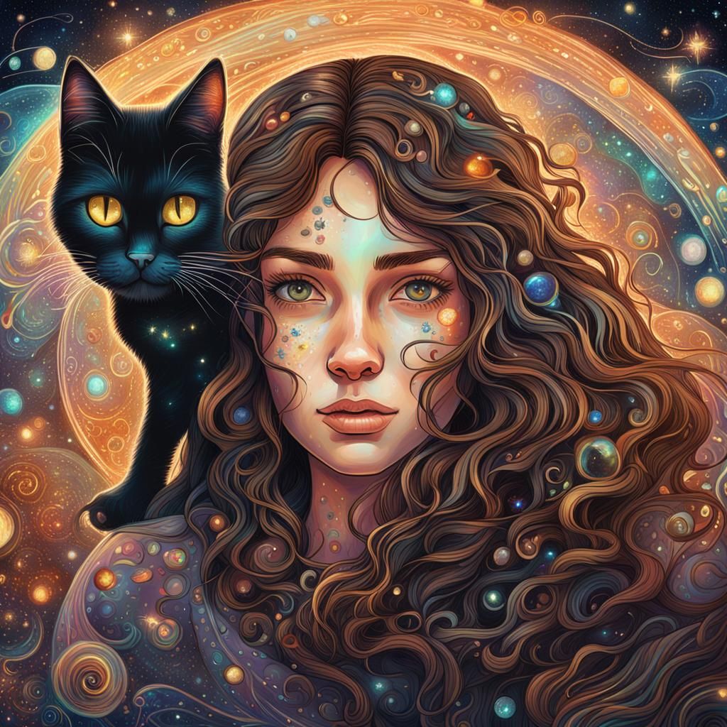 Woman and Cat in Holographic Astral Illustration