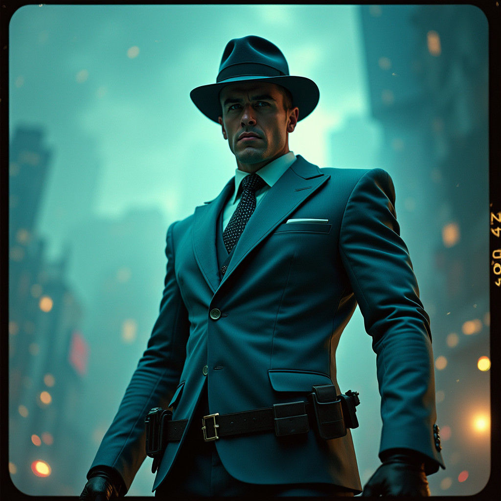 Cyan Superhero in Pork Pie Hat: Cinematic Portrait