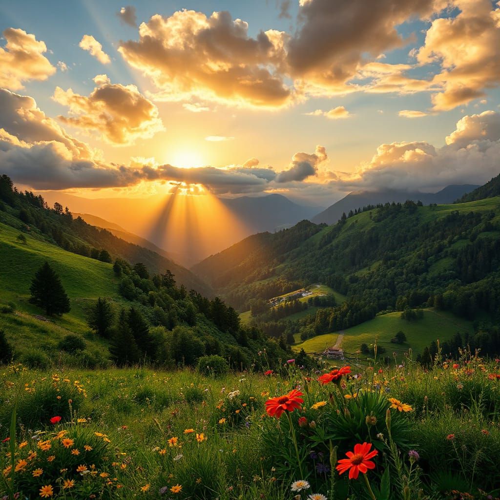 Golden Sunrise Over Lush Valley, Cinematic Photography