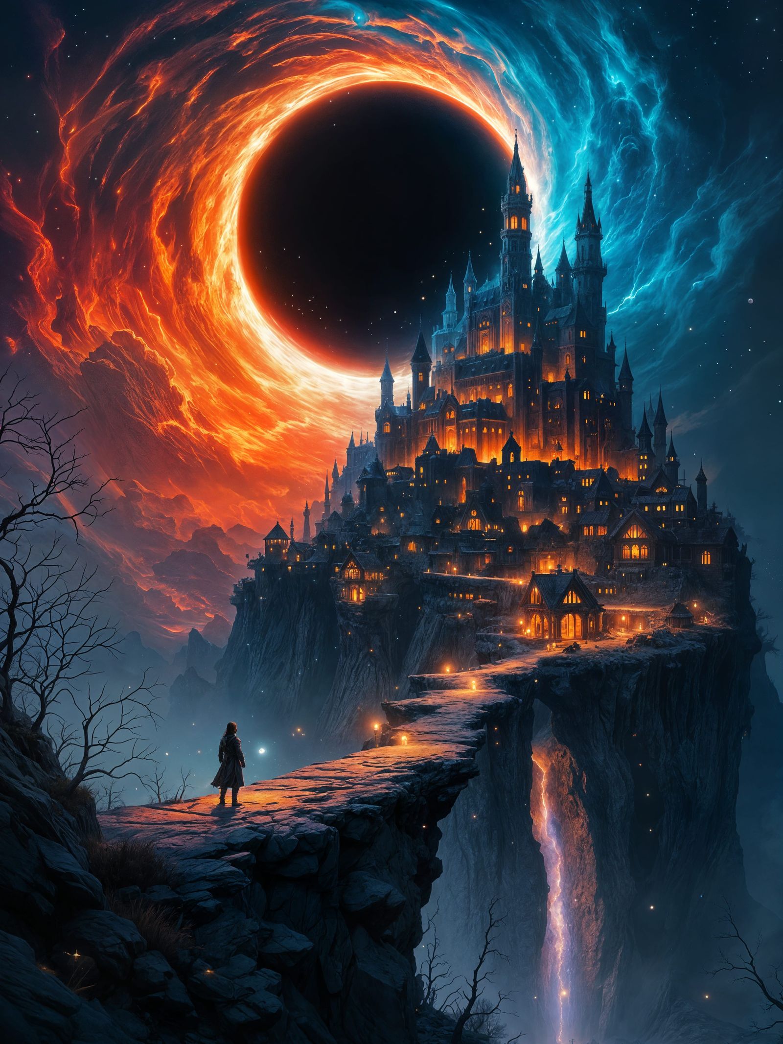 Mystical Metropolis Under Waning Crescent Lunar Eclipse