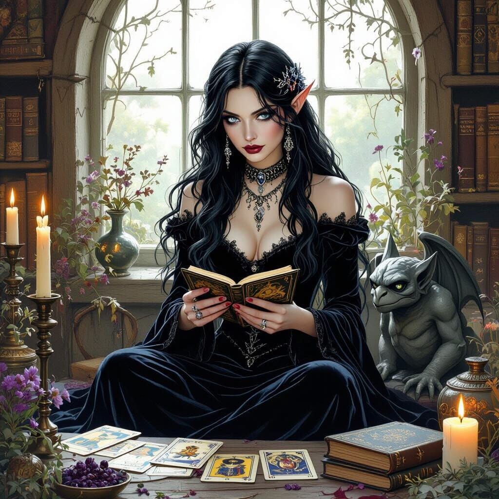 Gothic Fairy Reading Tarot Cards in Dark Fantasy Style