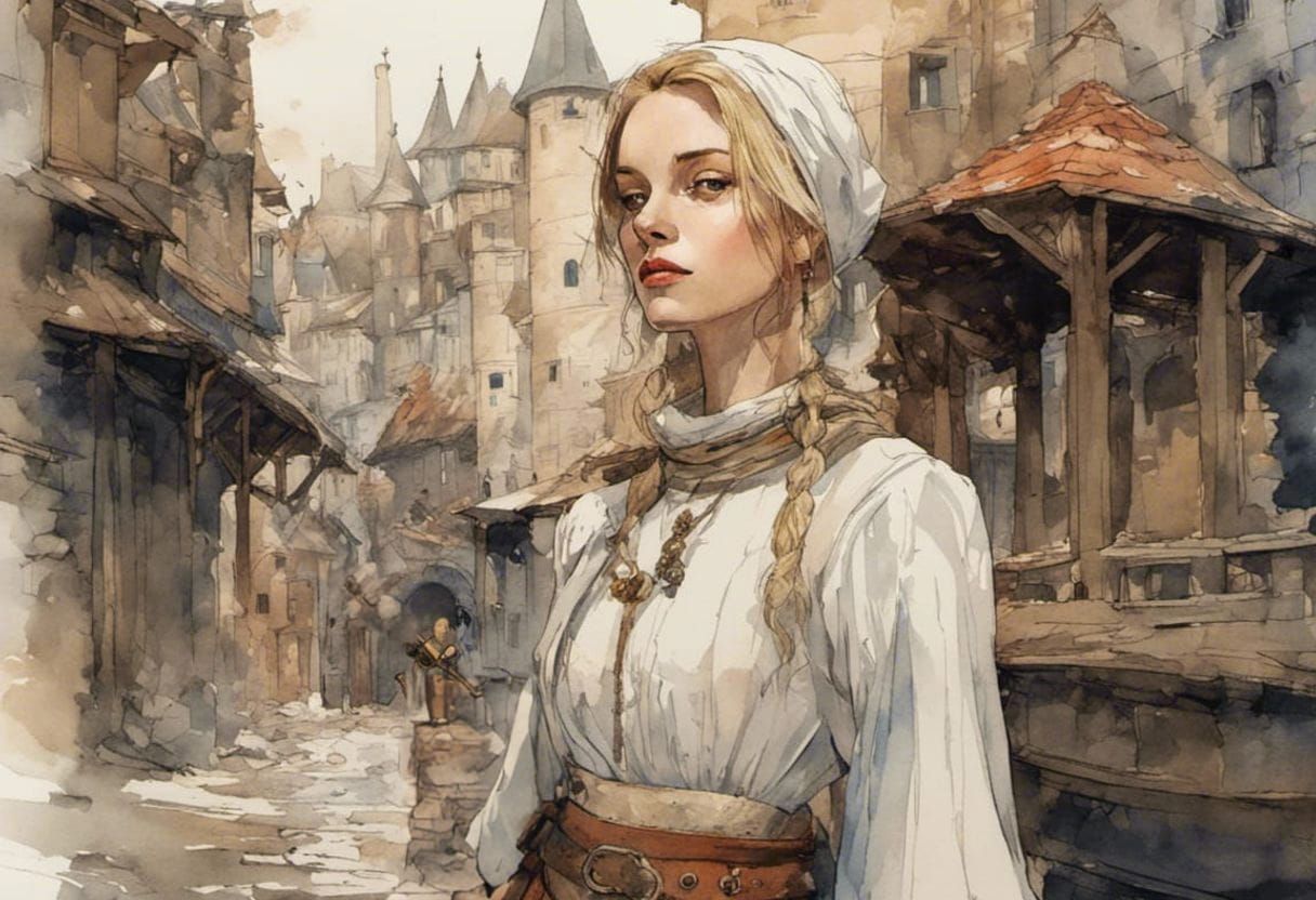 Medieval peasant woman in town