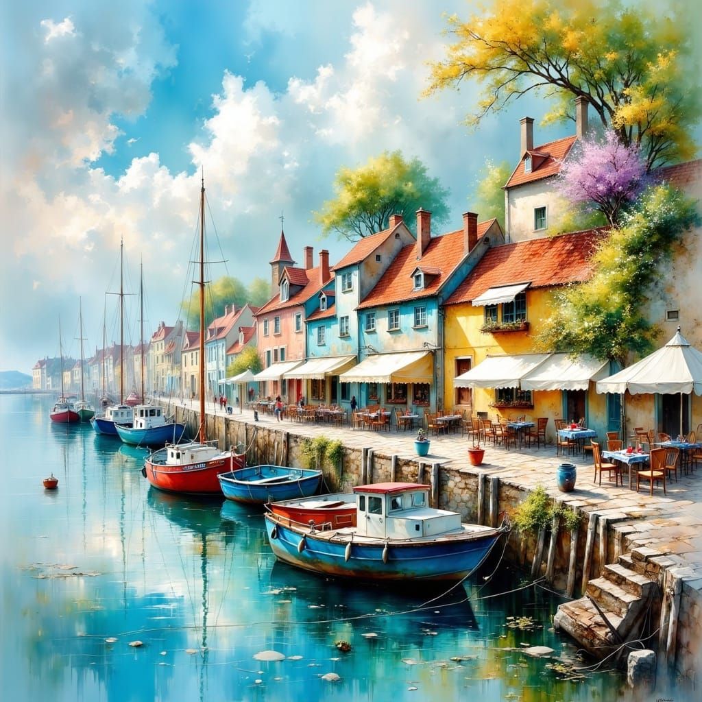 Idyllic Port Town with Colourful Fishing Boats and Whimsical...
