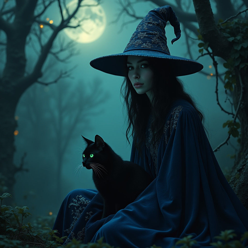 Enchanting Witch and Cat in Moonlit Forest
