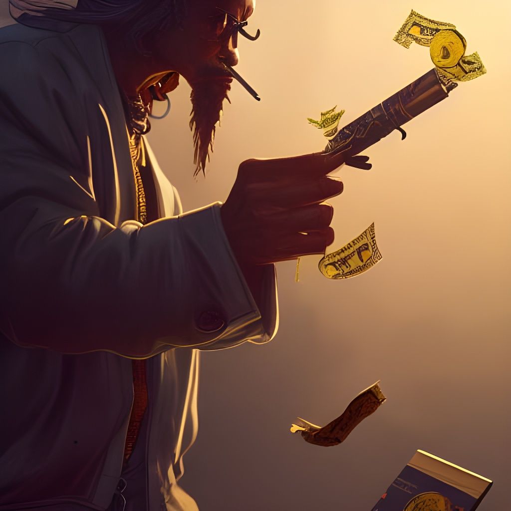 Gangster Smoking Money in Golden Hour, Fantasy Art