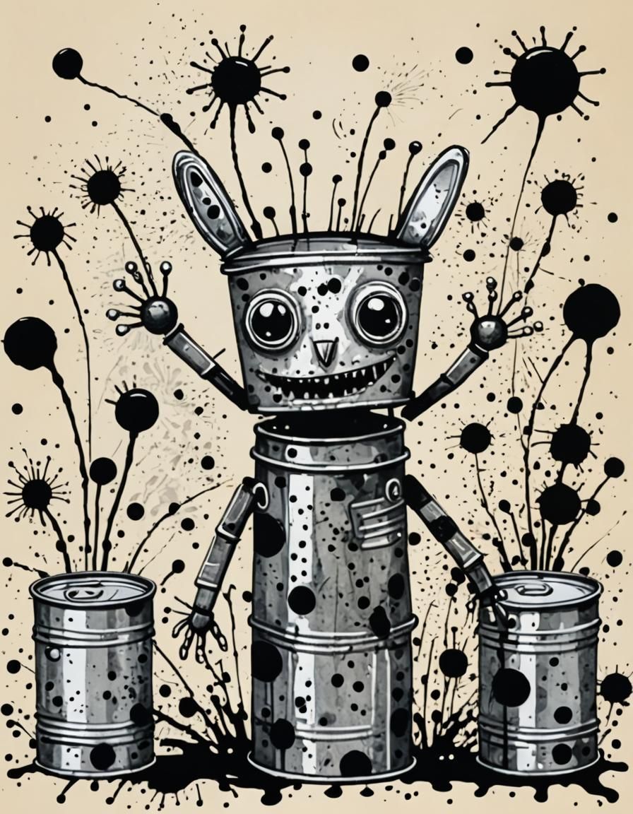 Whimsical Tin Can Creature in Naive Folk Art