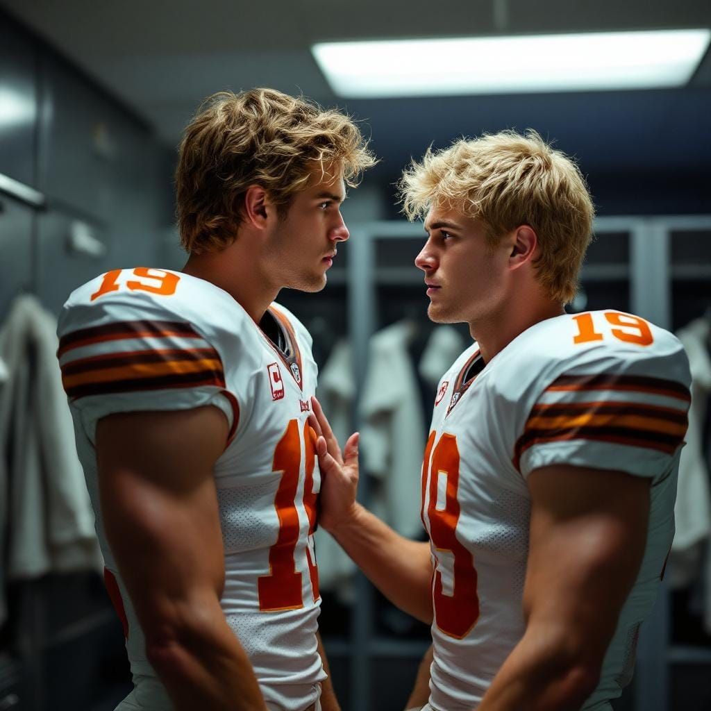 Football Players' Locker Room Encounter in Photorealistic St...