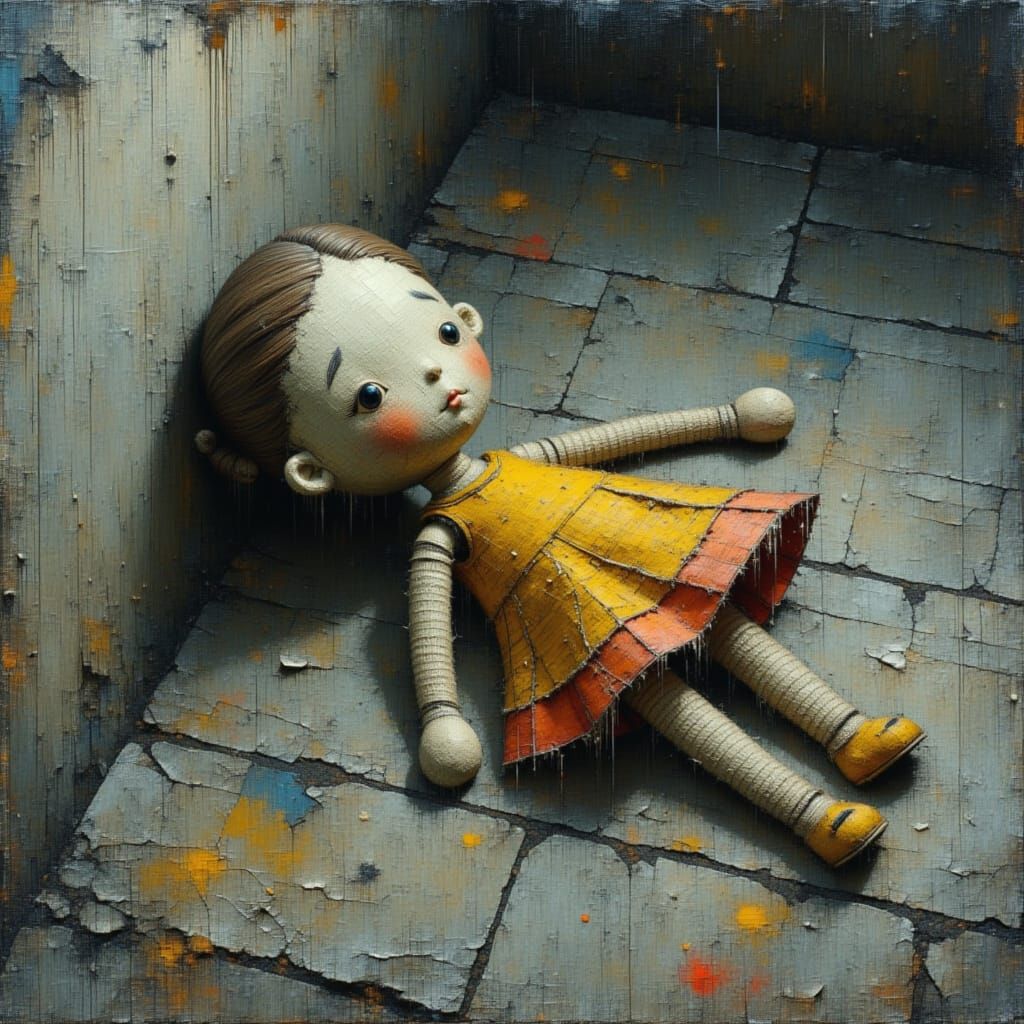 Crocheted Doll on Concrete Floor in Painterly Style