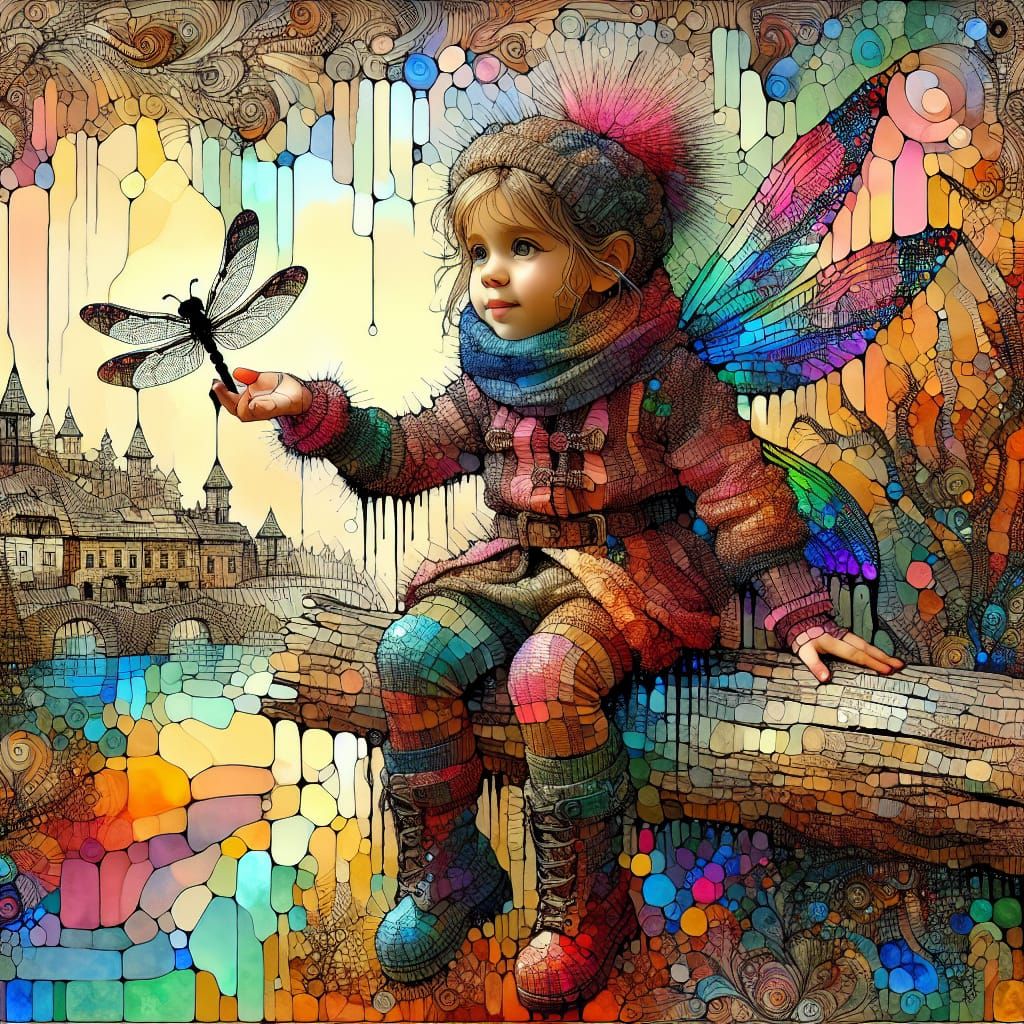 Punk Fairy with Dragonfly in Impasto Winter Scene