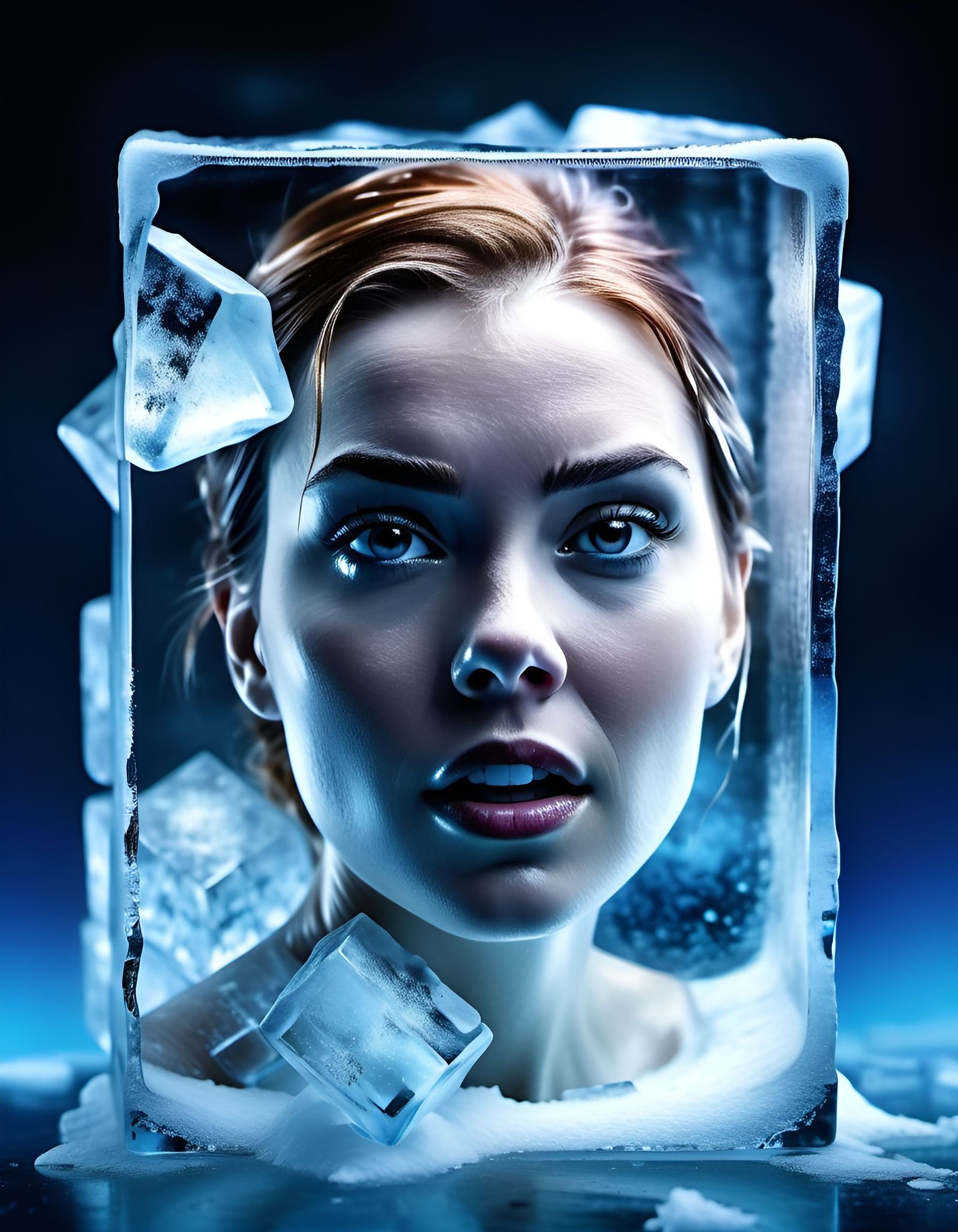 Woman Frozen Inside Ice Cube in Hyperrealistic Sci-Fi