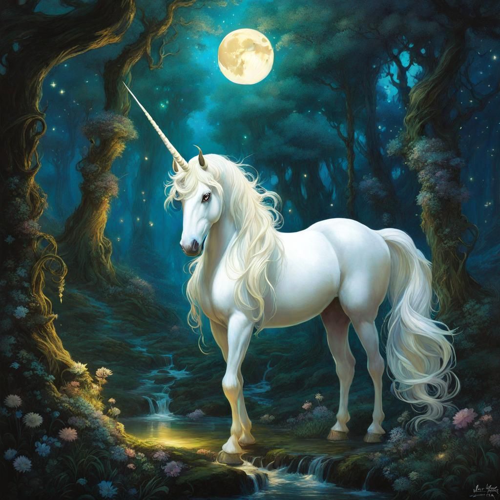 Opalescent Unicorn in Moonlit Fantasy Forest
