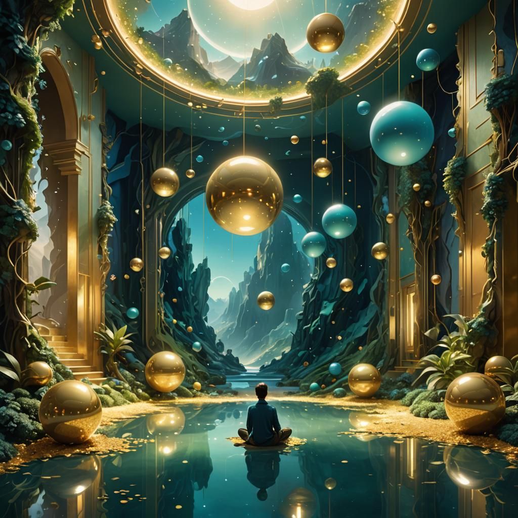 Surreal Indoor Space with Floating Reflective Spheres