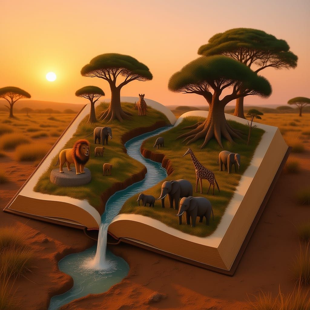 Detailed 3D Relief Map Book with African Wildlife