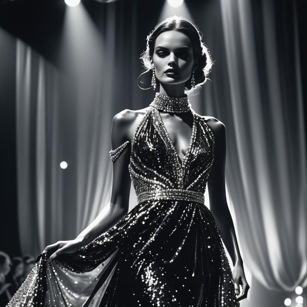 Supermodel on Catwalk in High-Contrast Glamour Shot