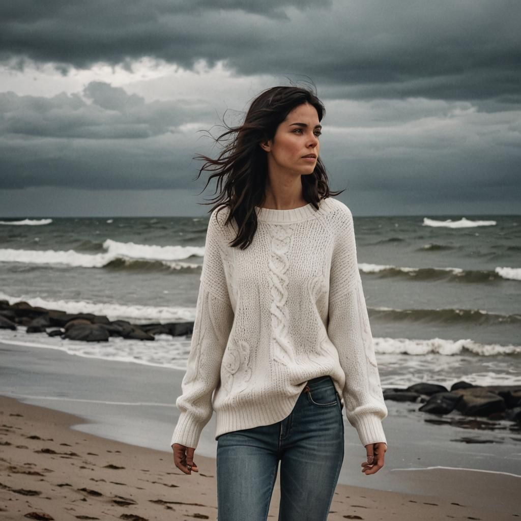 Woman on Beach in Fall with Moody Clouds