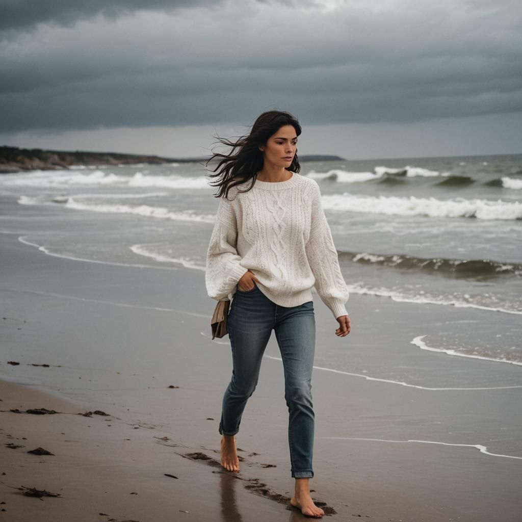 Woman Walking on Stormy Autumn Beach