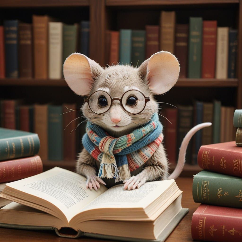 Mouse in Library, Whimsical Illustration