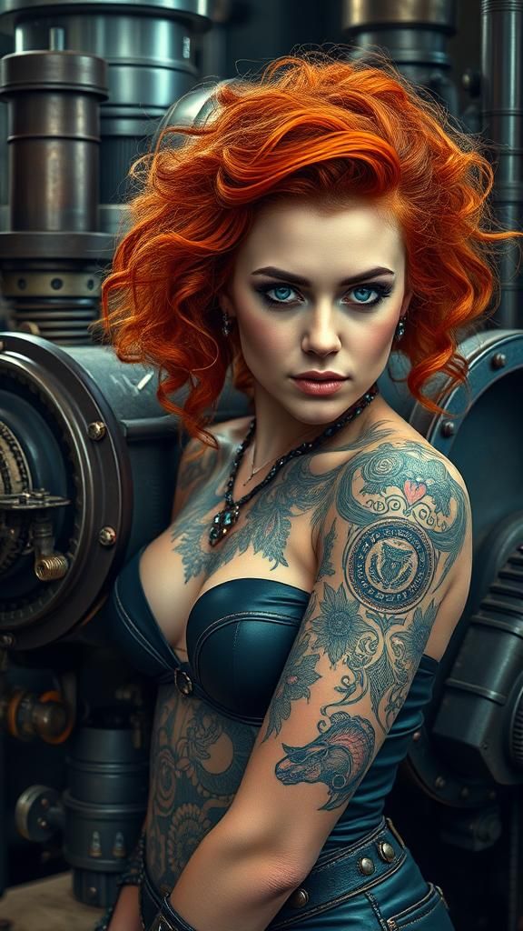 Steampunk Woman with Engine in Sci-Fi Style