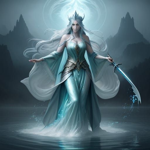 Arthurian Lady Emerges From Lake With Glowing Excalibur