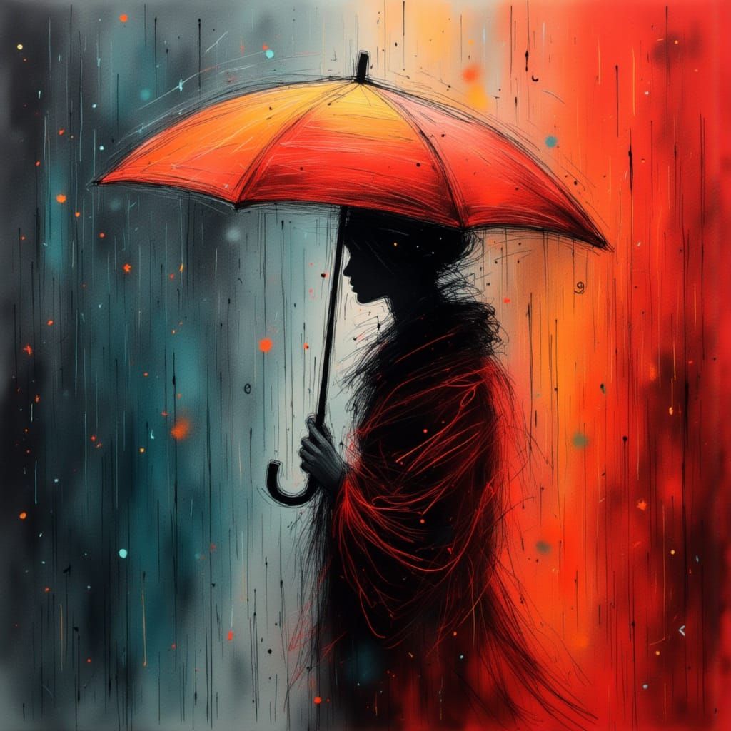 Woman in Red Robe Under Heavy Rain, Caravaggio Style