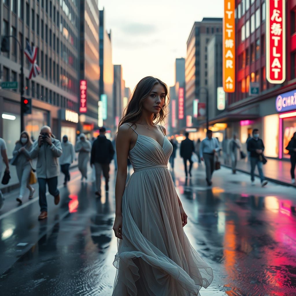 Woman in Flowing Dress Amidst Frozen Urban Twilight