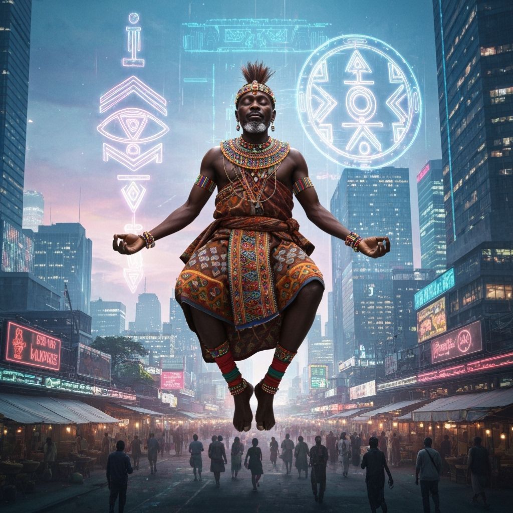 Kenyan Shaman Meditating Above Futuristic Nairobi
