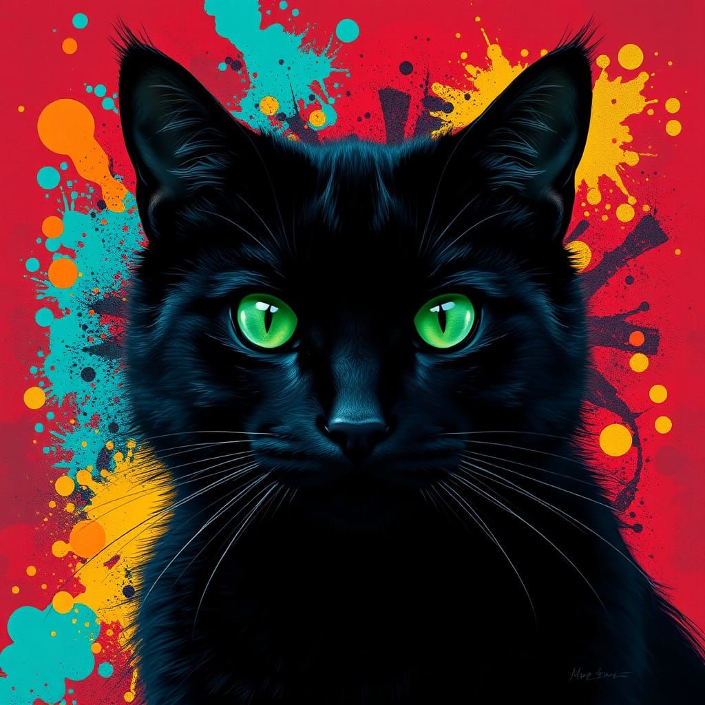 Cyberpunk Feline Portrait with Turquoise Splatters