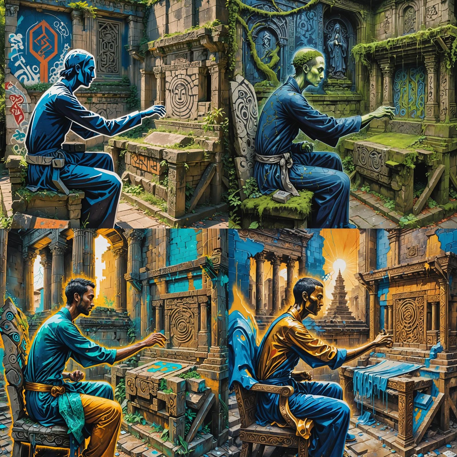 Ruinous Temple Graffiti Art with Figure in Blue Robe