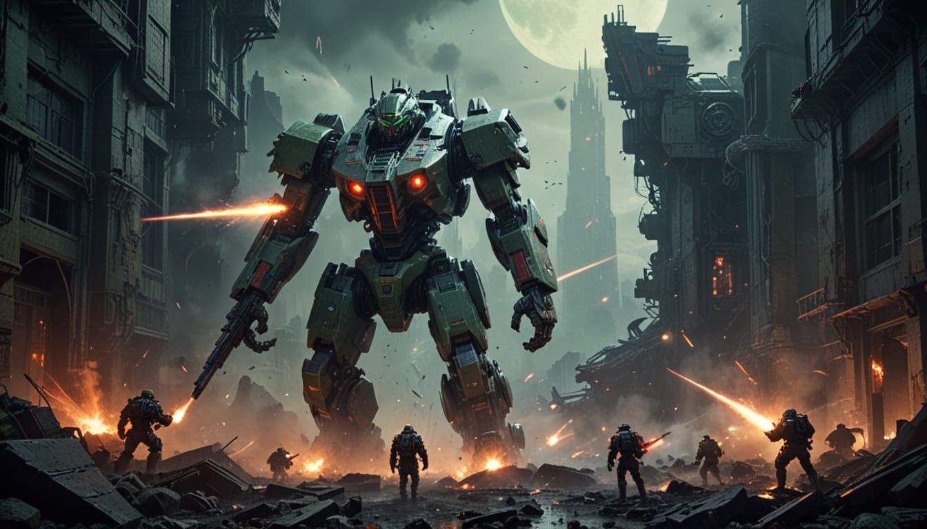 Massive Mechs in Misty Urban Ruins: Sci-Fi Battle Art