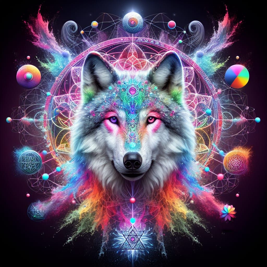 Mystic Wolf Portrait in Hyper-Realistic Splash Art