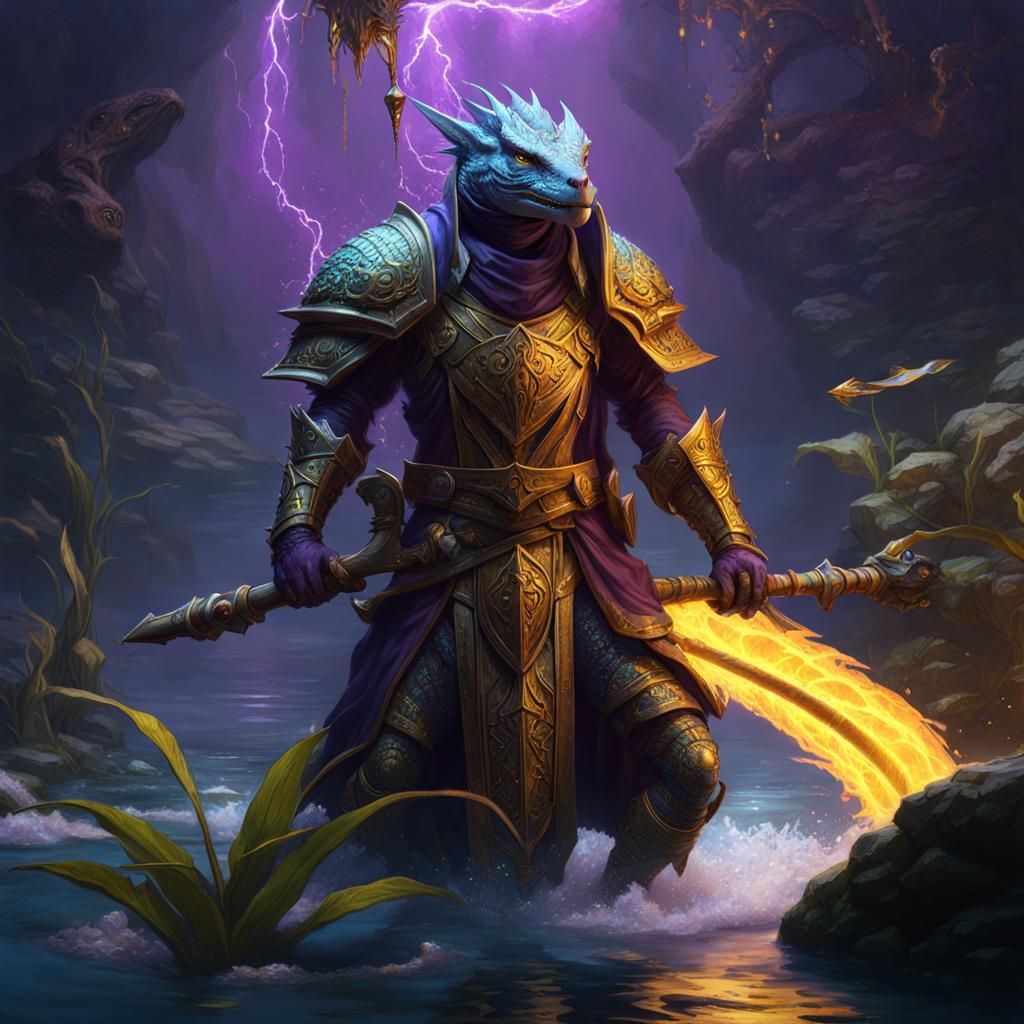 Lizardfolk Water Cleric in Dark Fantasy Style