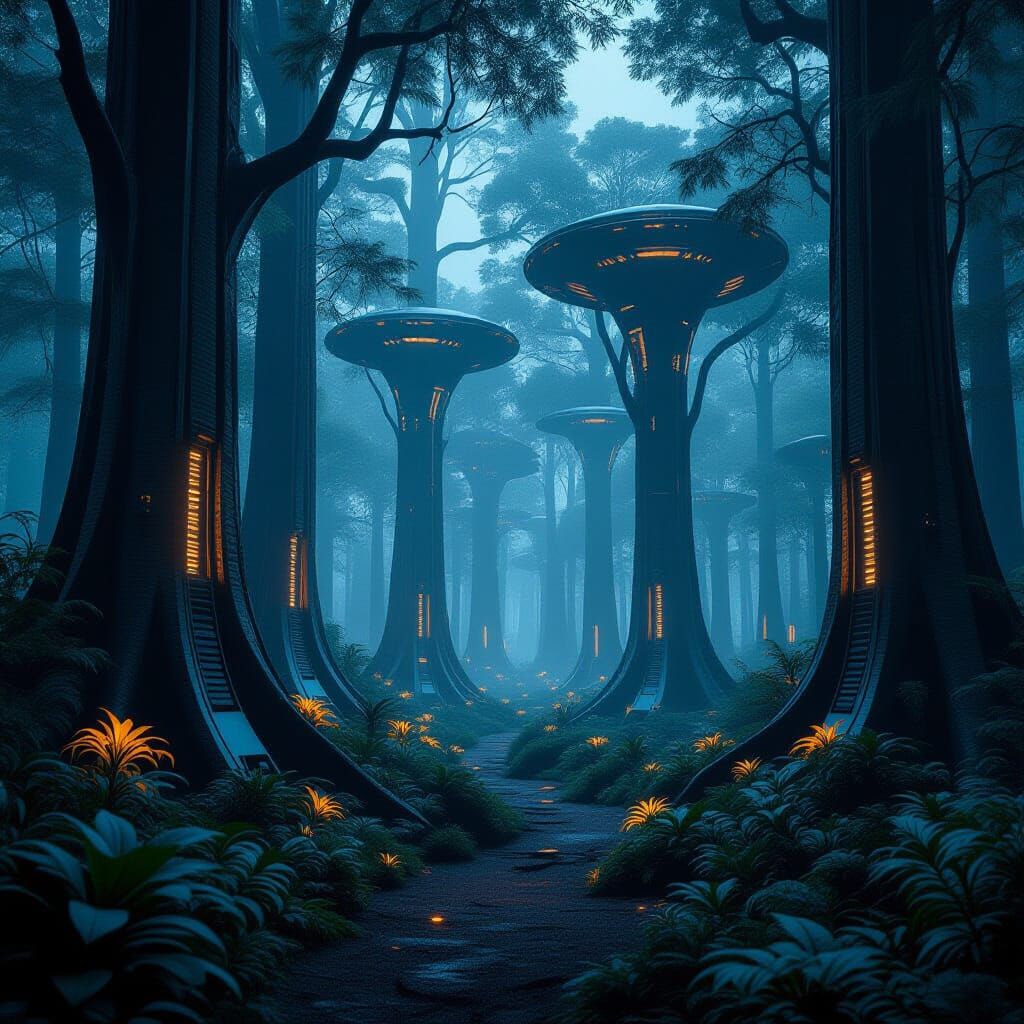 Futuristic Metallic Forest Landscape in Cinematic Style