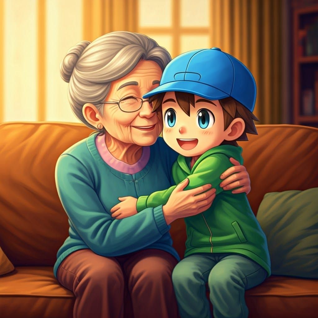 Chibi Pokémon Trainer Hugs Grandmother in Cozy Scene