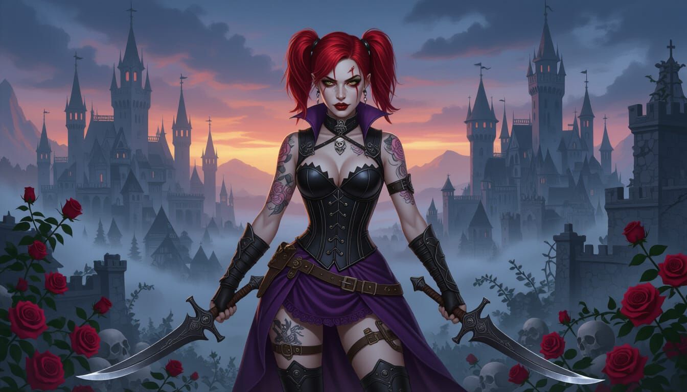 Gothic Vampire Huntress in Foggy Ravenloft Dusk