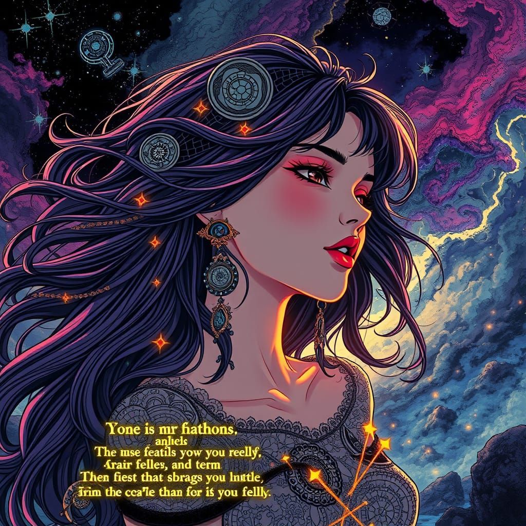 80s Anime Woman With Zentangle Patterns and Eldritch Element...