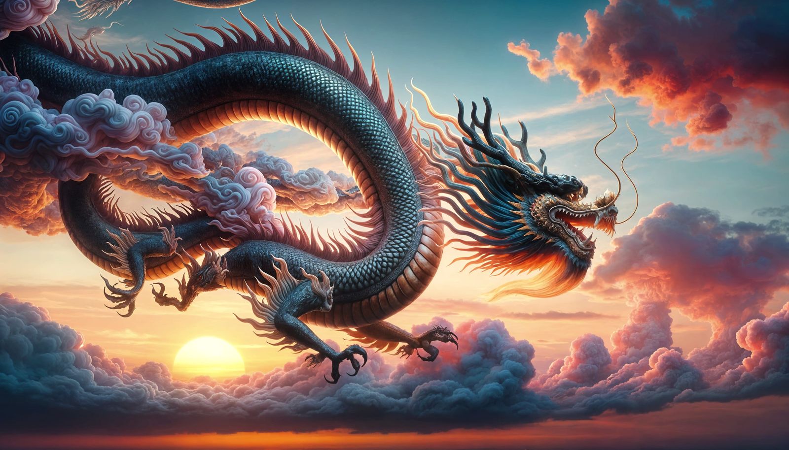 Majestic Chinese Dragon Soaring at Sunset