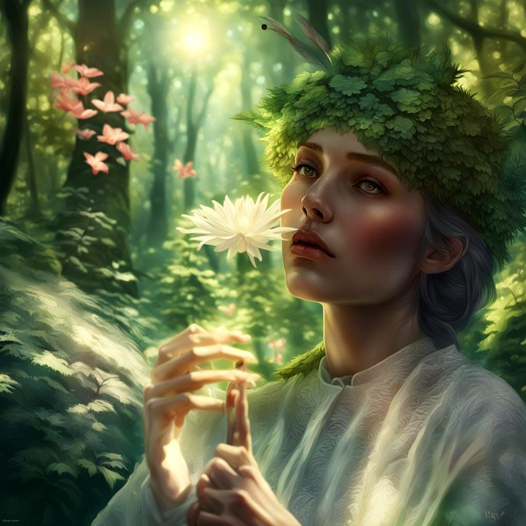 Hyperrealistic Woman in Dreamy Forest, Fantasy Concept Art