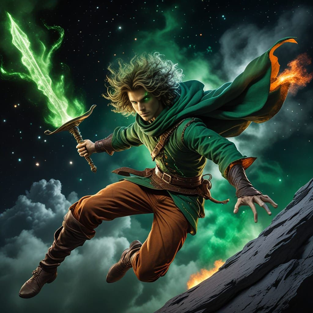 Rogue Sorcerer Leaping with Green Flame Blade