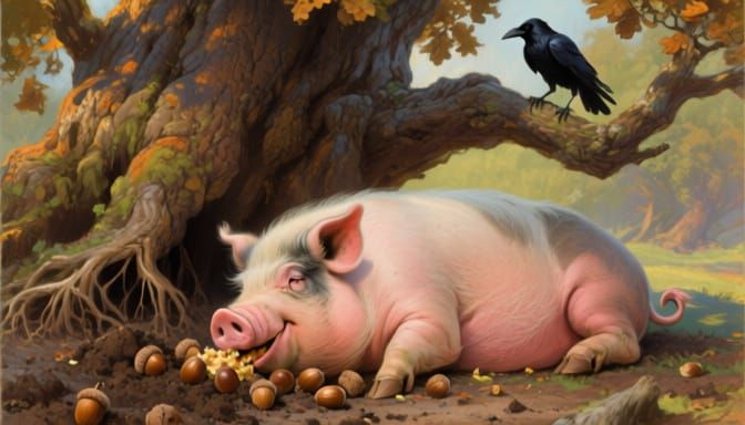 Pig Awakens Under Ancient Oak in Oil Painting Style