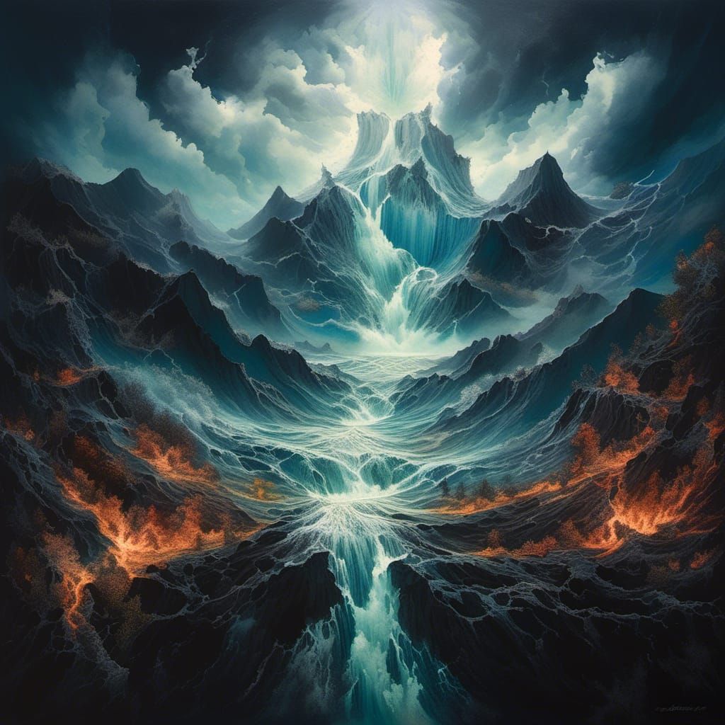 Maelstrom Tsunami in Crystal Tank, Watercolor Art