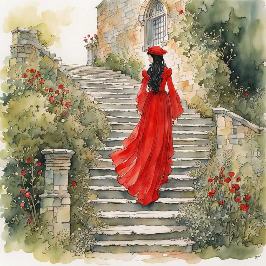 Medieval Woman Descending Stairs in Storybook Illustration