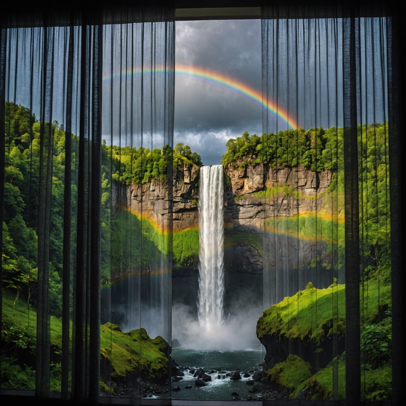 Waterfall and Rainbow Behind Curtain in Hyperrealistic Style
