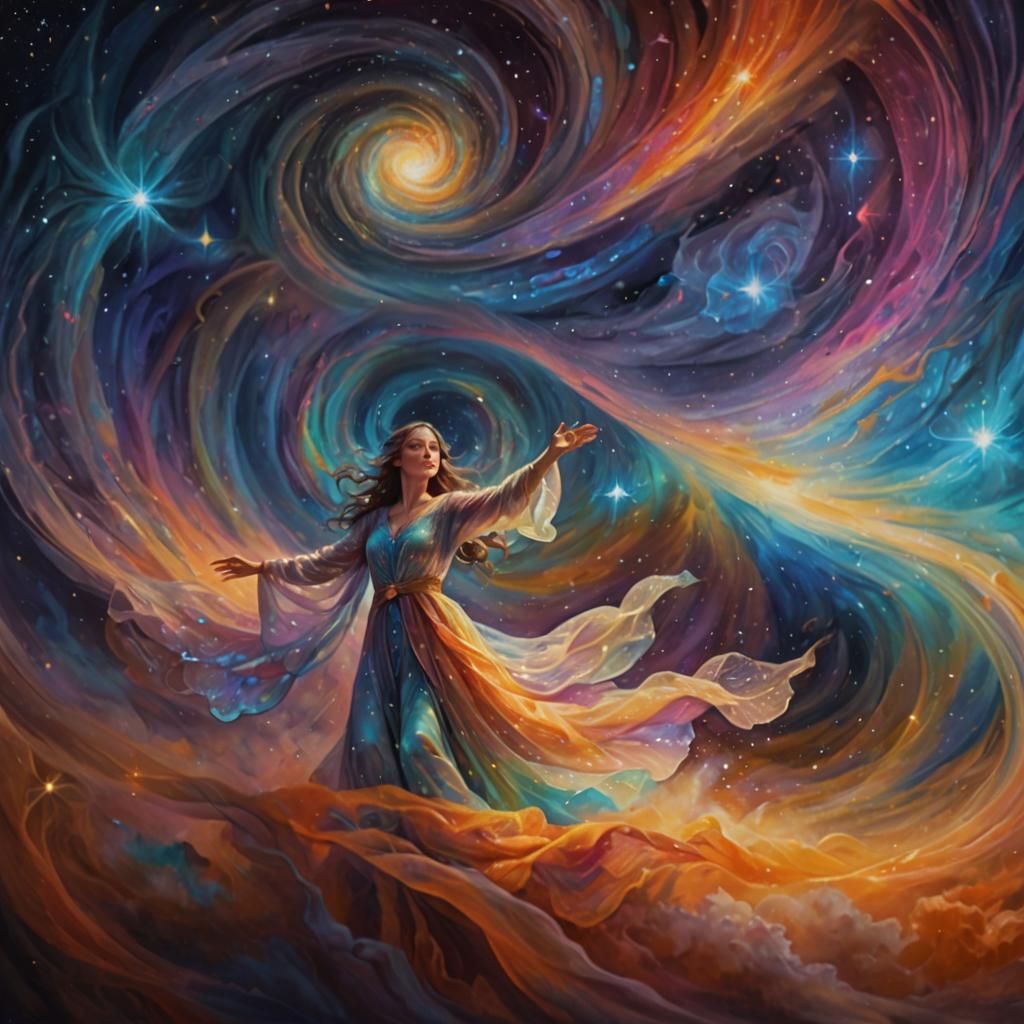 Mystical Sorceress in Iridescent Star Vortex