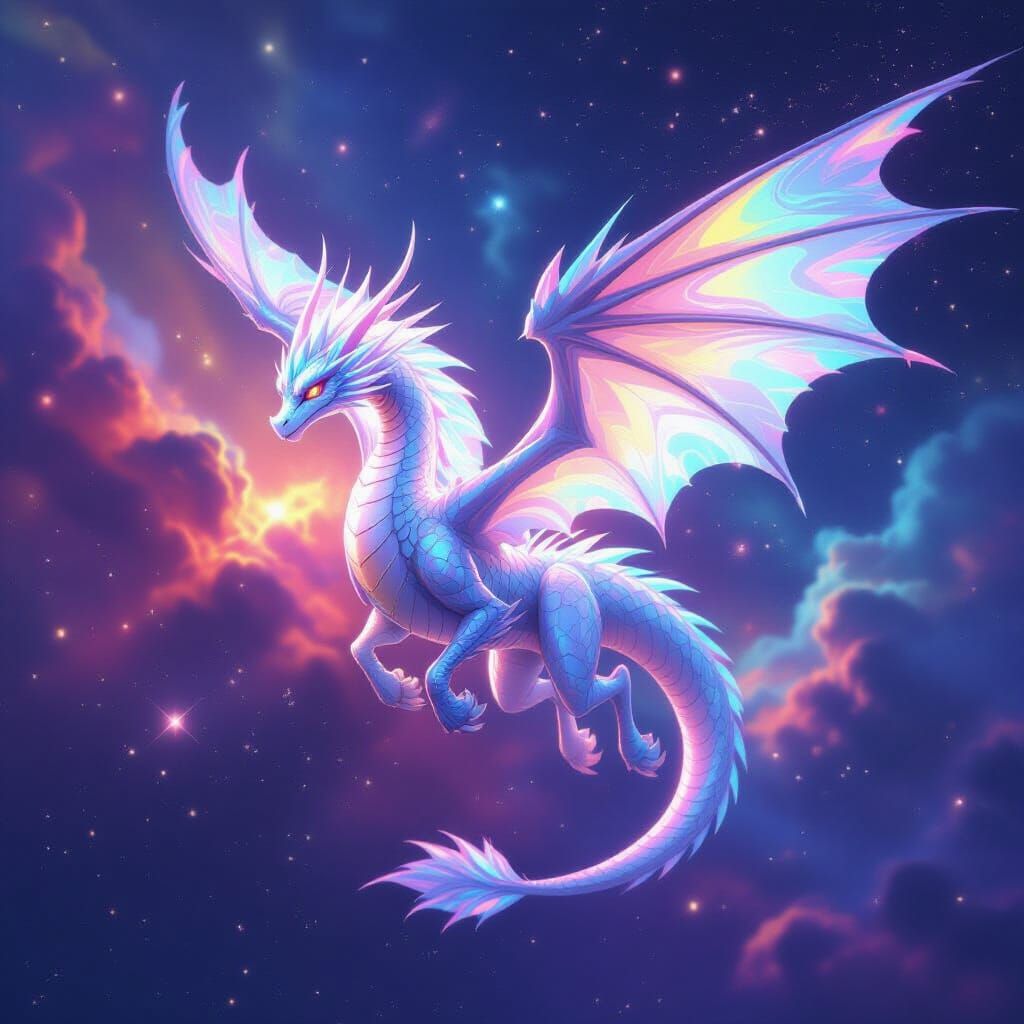 Celestial Ice Dragon Soaring Through Nebula