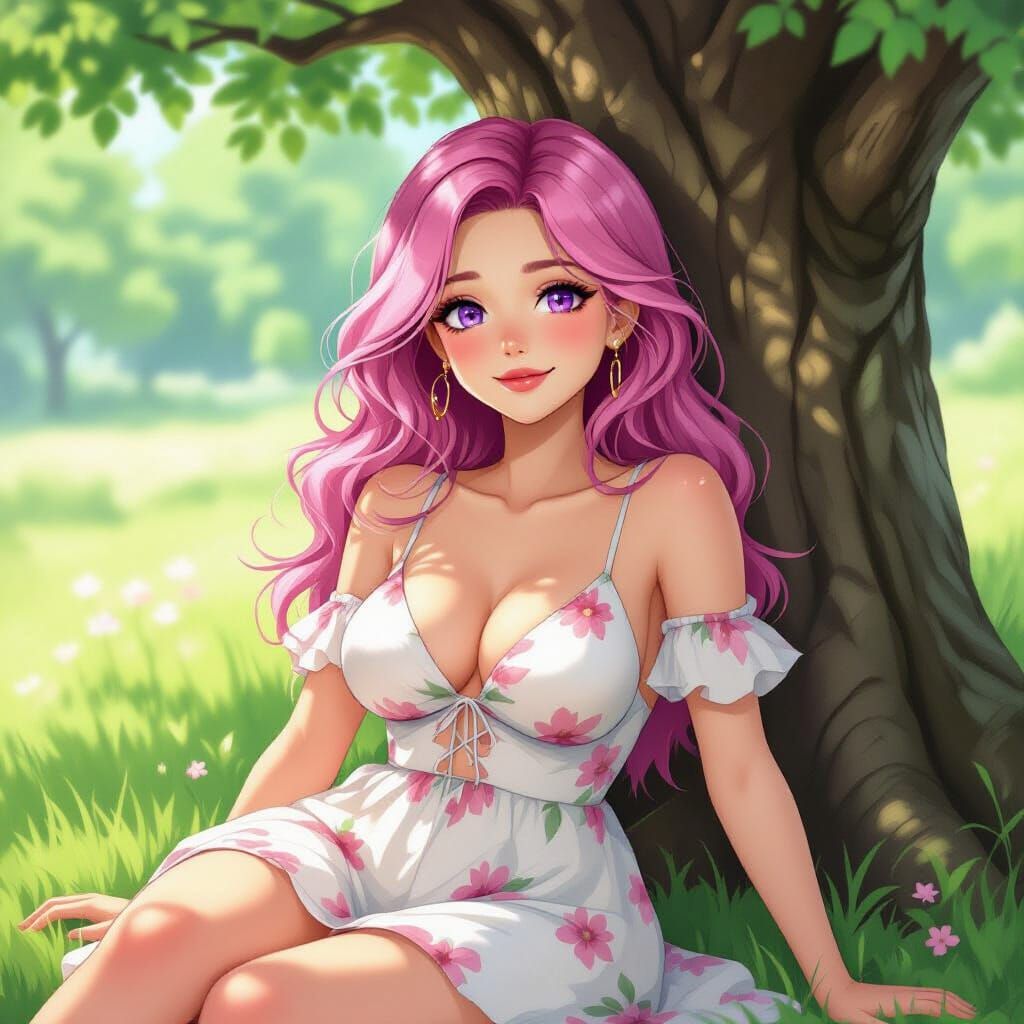 Woman with Pink Hair Resting Under a Tree