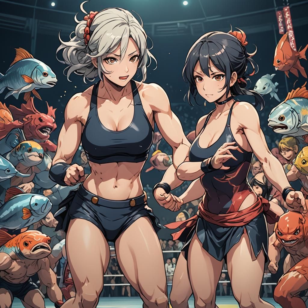 Anime Fishwife Wrestlers in Studio Trigger Style