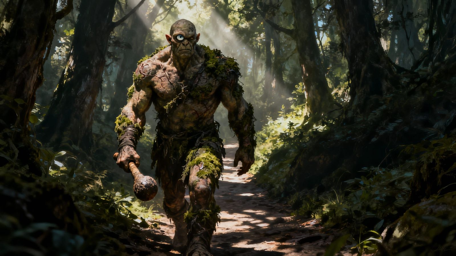 Muscular Cyclops with Club in Dark Fantasy Forest